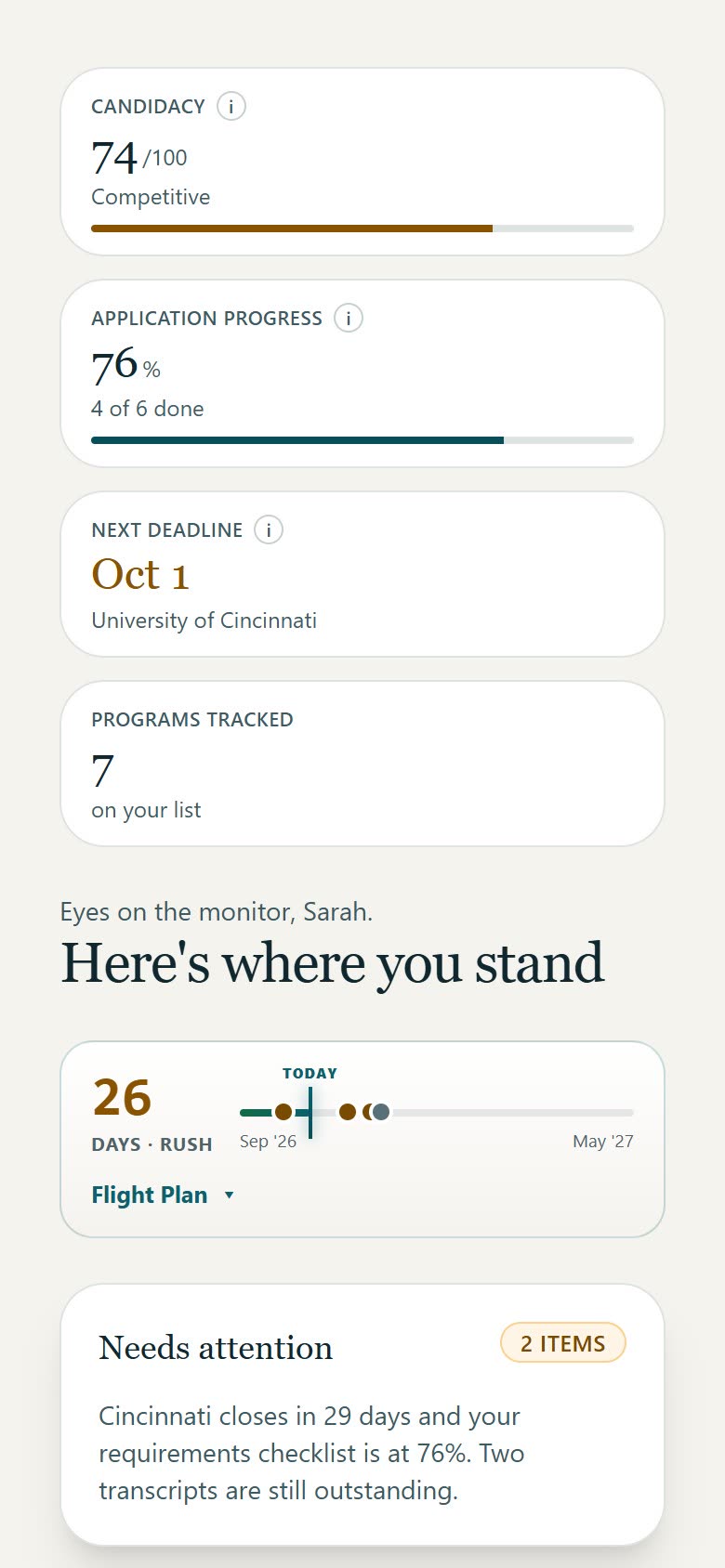 The Boost CRNA dashboard on a phone: candidacy score, application progress, next deadline and the day’s drill