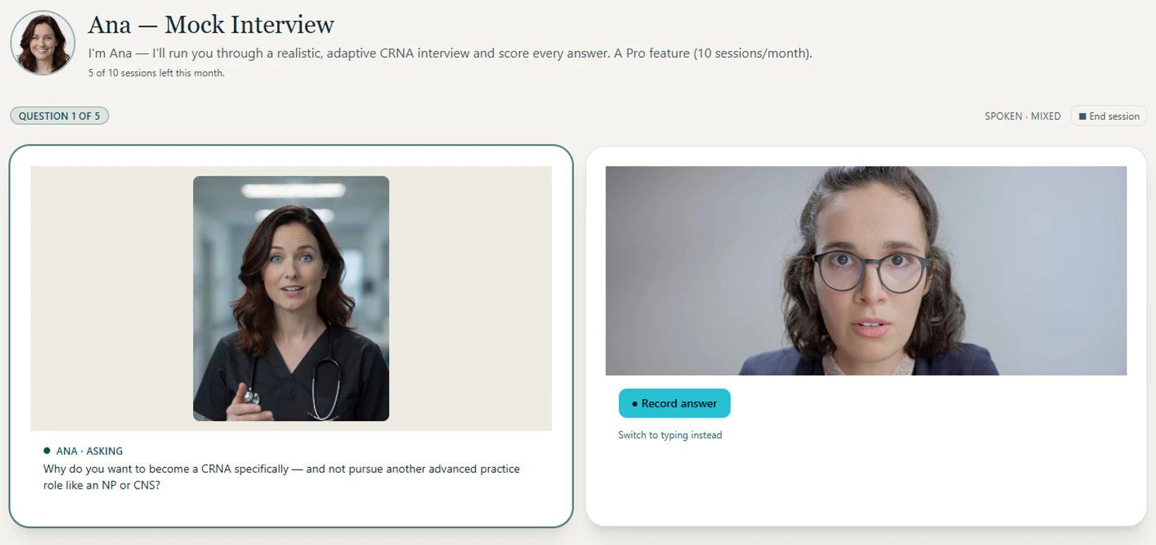 Ana · Mock Interview — live screen