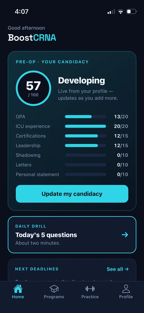 Boost CRNA candidacy score on iPhone, broken down by GPA, ICU experience and certifications
