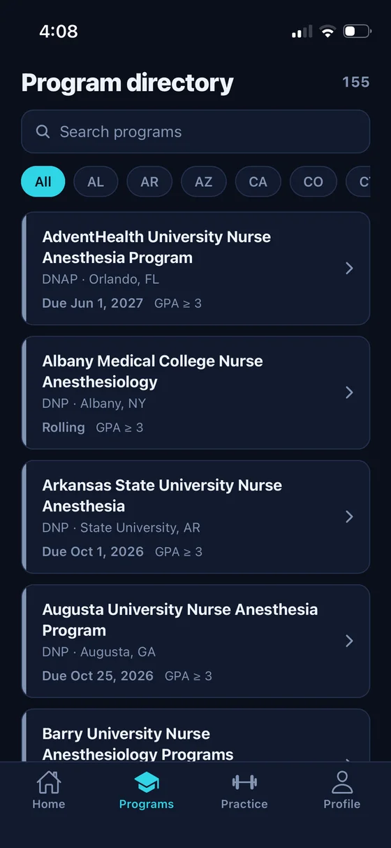 Boost CRNA program directory on iPhone, showing 155 programs